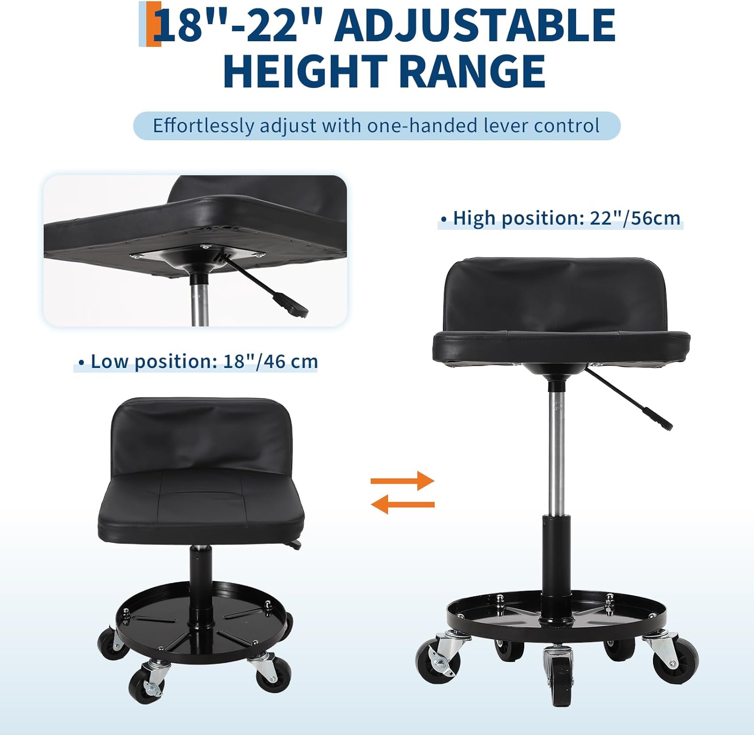 Rolling Shop Stool w/ 3" Locking Swivel Wheels, 300LB Capacity, 18"-22" Height Adjustable with Soft Cushion & Tool Tray, Telescoping Mechanic Seat for Garage, Auto Repair, Heavy-Duty, Black