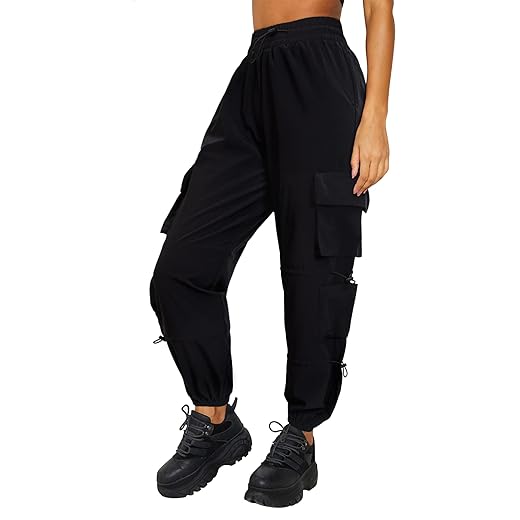 DLOODA Quick Dry Cargo Pants Lightweight Tactical Hiking Pants with 6 Pockets for Women, Elastic Waist and Water-Resistant Black