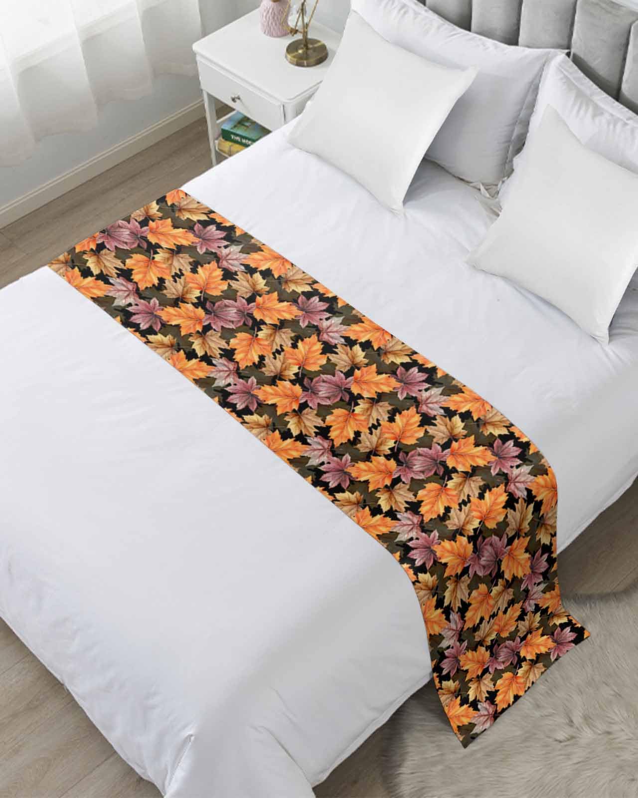 Twin Bed Runner Autumn Ombre Orange Brown Leaf Bedding Runner Scarves Decorative Bed Scarf, Maple Leaves on Black Soft Bedding Scarf for Bedroom Hotel Wedding 71x20in