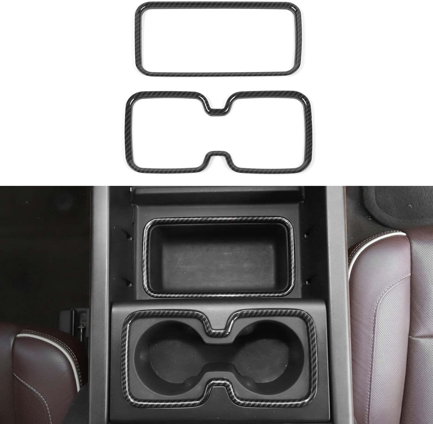 for Silverado Center Console Storage Bin Trim & Cup Holder Ring Frame for 2014-2017 Chevy Silverado GMC Sierra Black Carbon Fiber Grain Interior Accessories 2pcs