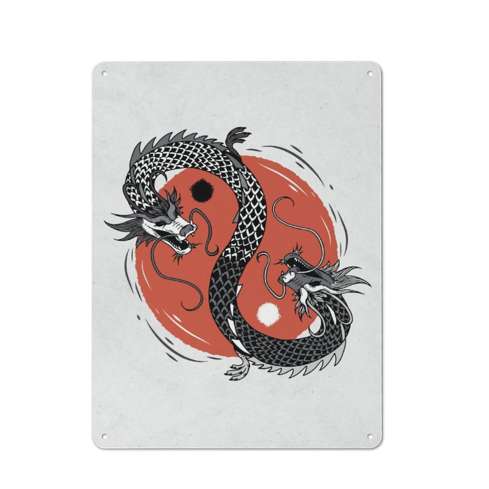 Junmoney Yin Yang Dragons Printed Metal Sign 40X30cm For Living Room Or Hallway, Suited To Hallway Decor Fans
