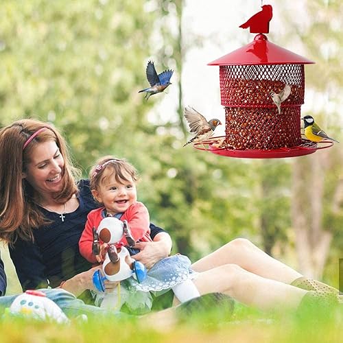 Miniatura 7 de Comedero de metal para pájaros para exteriores, a prueba de ardillas, 4 libras de gran capacidad de semillas, malla, 6 perchas, gran prueba de