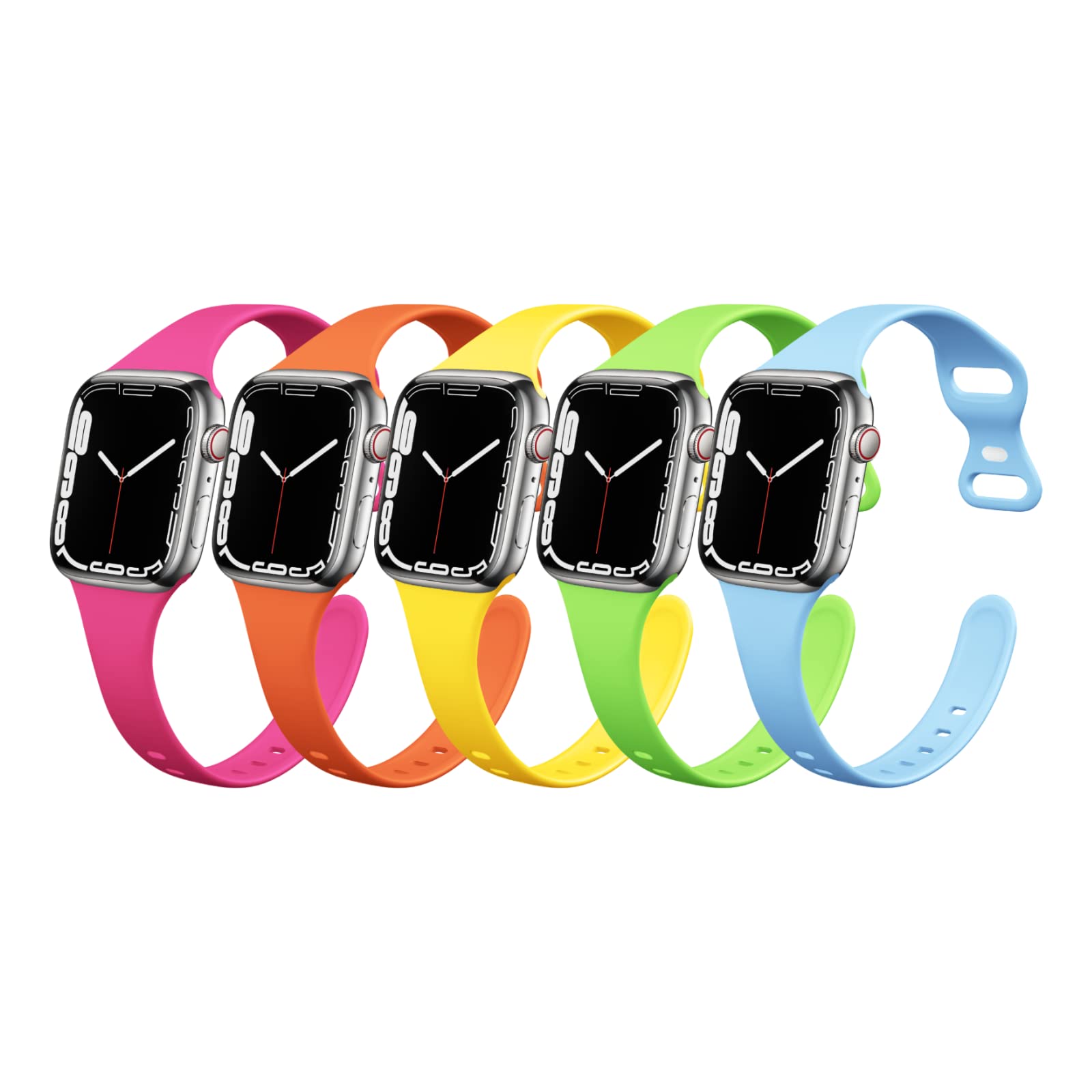 5 Pack Slim Thin Skinny Narrow Bands Compatible with Apple Watch Band Ultra 2/Ultra SE Series 10/9/8/7/6/5/4 40mm 41mm 42mm 44mm 45mm 46mm 49mm for Women/Men Silicone iWatch Band (38/40/41mm, 5 PACK B-Hot Pink/Orange/Neon Yellow/Apple Green/Turquoise)