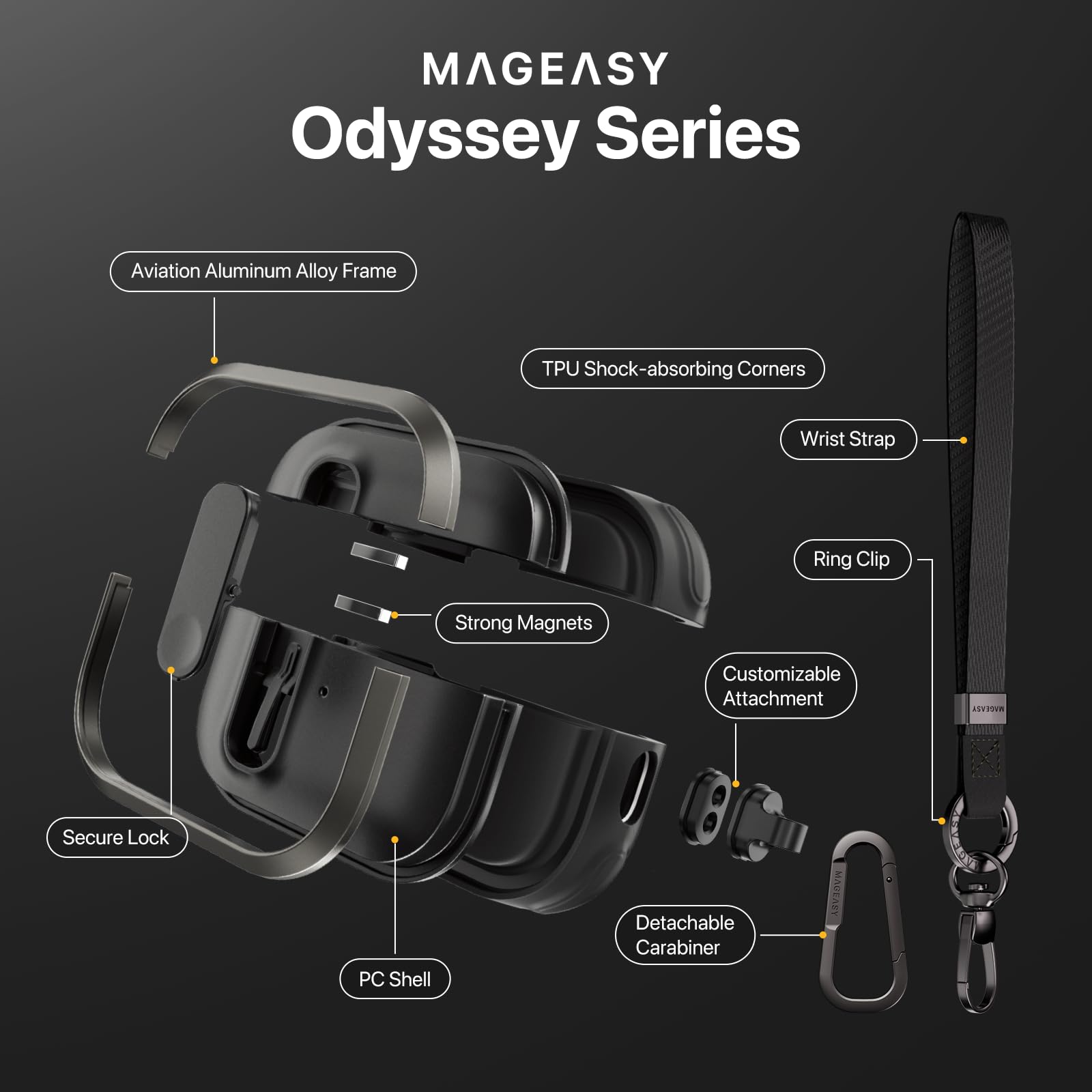 MAGEASY Odyssey - Custodia per AirPods Pro 2, con chiusura di sicurezza, clip a moschettone e cinturino da polso, per viaggi (metallo blu grigio)