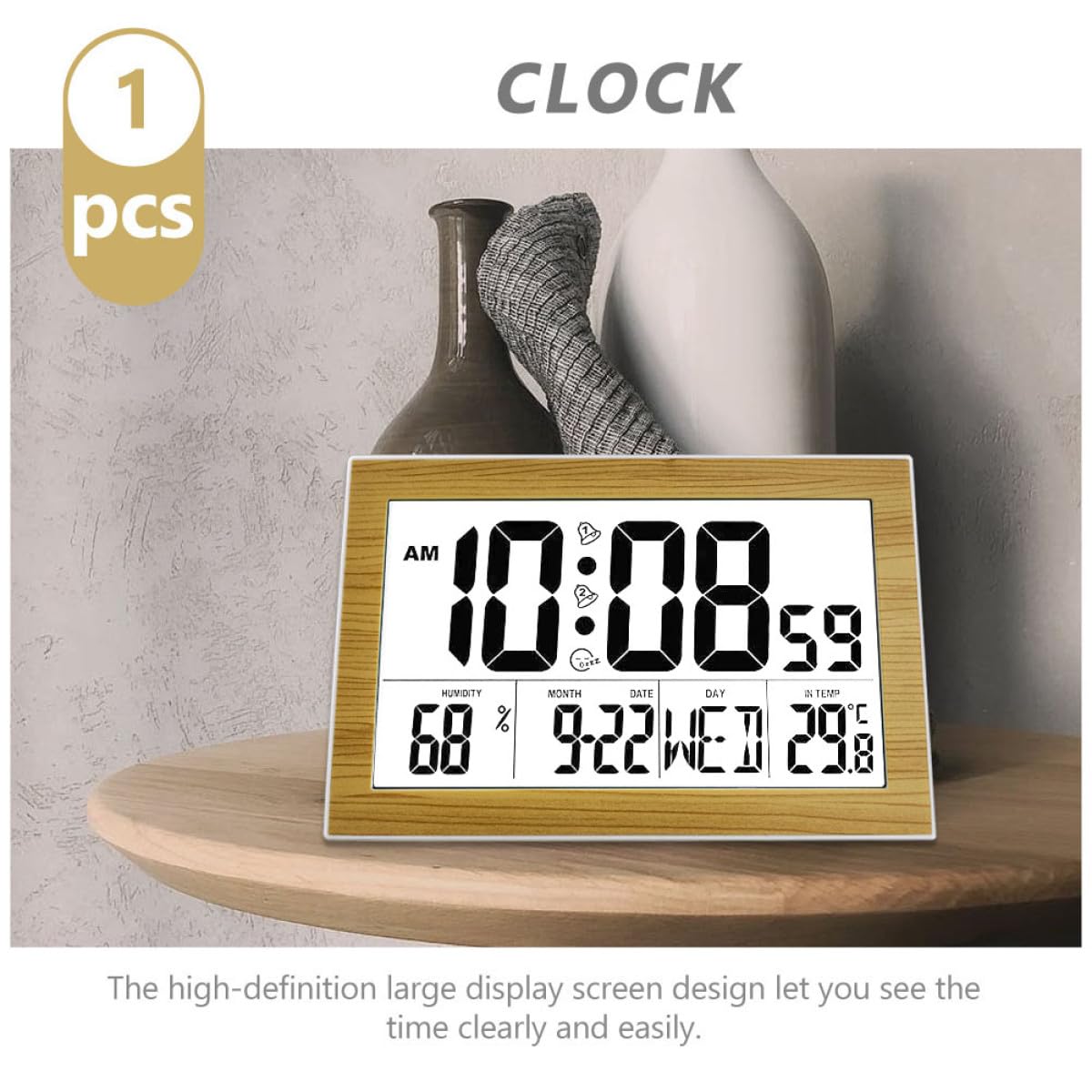 Beaupretty Reloj Electrónico de Pared Digital Grande sin Pilas Calendario y Despertador Silencioso, Pantalla LED de Fácil Lectura para Hogar y Oficina, Termómetro Integrado, Diseño Madera