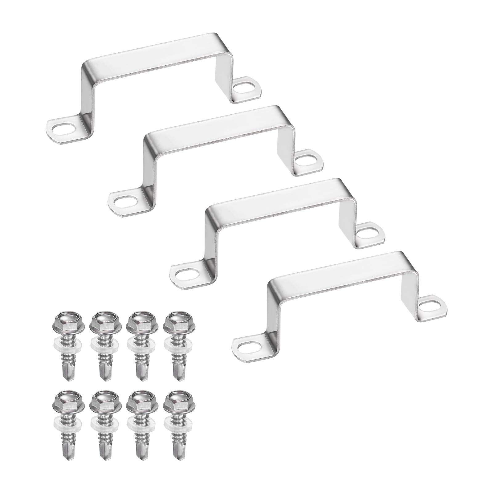sourcing map 4set U Shaped Connector Bracket 70x35mm 304 Stainless Steel Square Pipe Clamp with Self Tapping Screw Square Tube Buckle for Pipe Hose Cable Automotive Parts, Silver