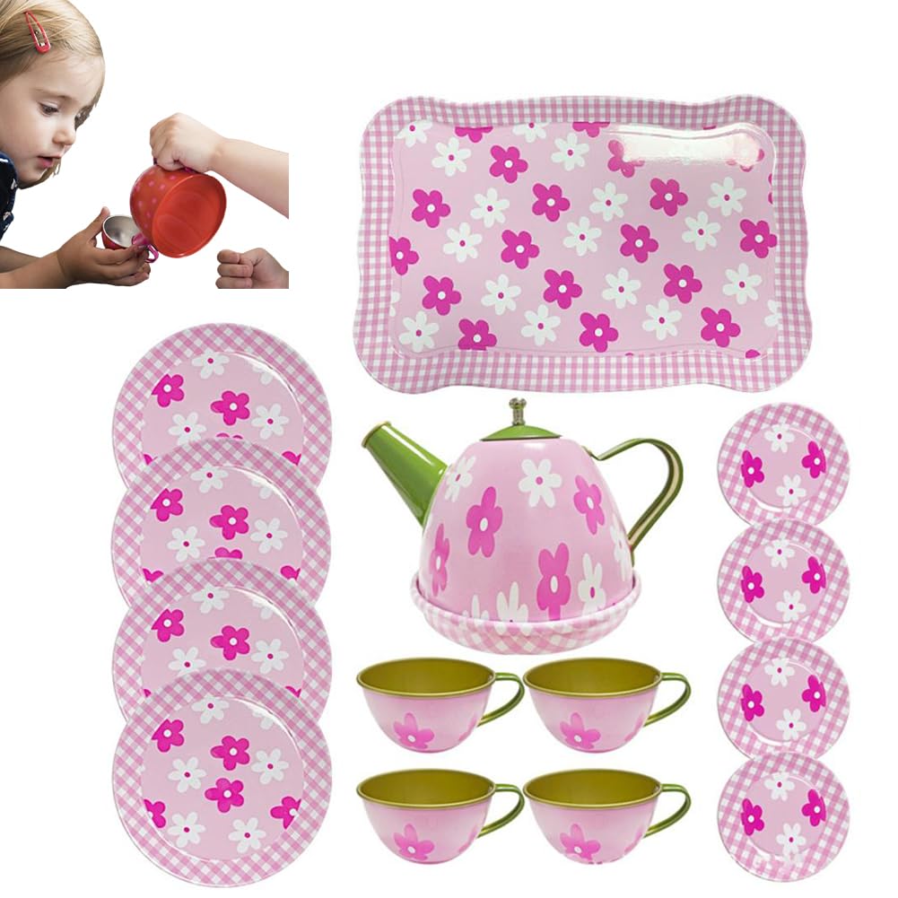 Kids Tea Set,14Pcs Metal Tea Party Set for Girls & Boys,Pretend Play Kitchen Accessories with Teapot,Tray,4Teacups,4 Plates and 4 Saucers,Safe & Durable Gift