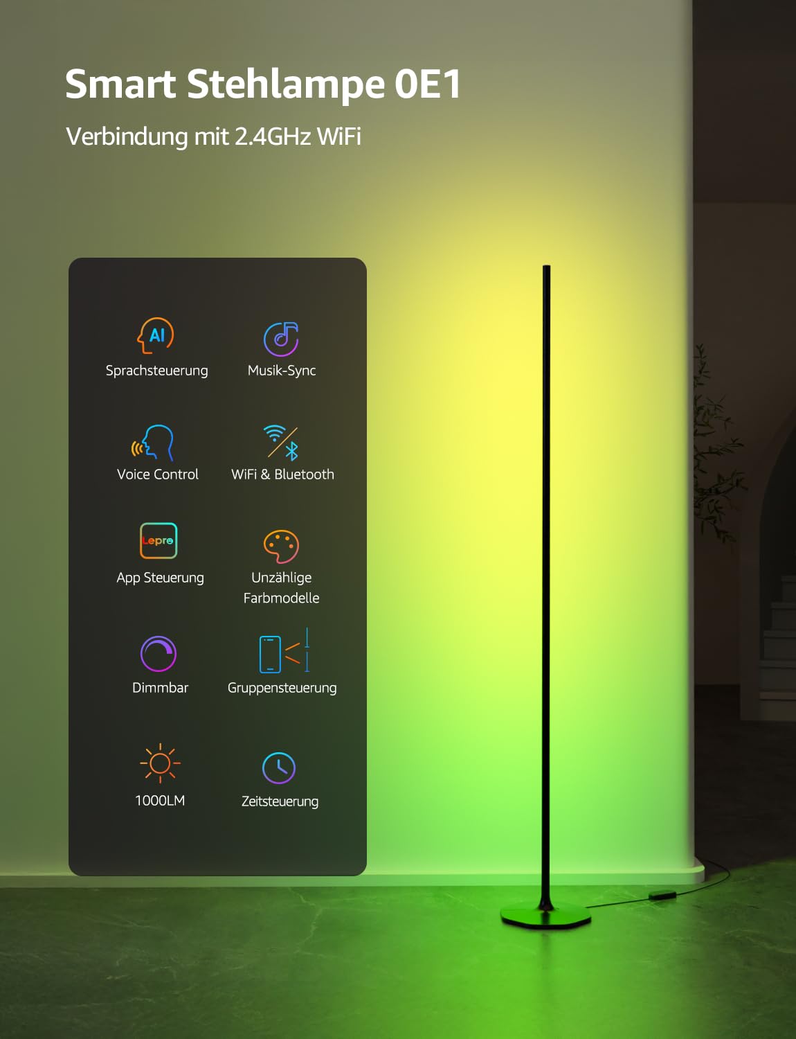 Lepro AI Smart Stehlampe Wohnzimmer OE1, Kompatibel mit Alexa/Google | Stehlampe Dimmbar (140CM), Sprachsteuerung/Musik Sync/DIY, Personalisierter KI-Lichtdesigner, 16 Millionen Farben