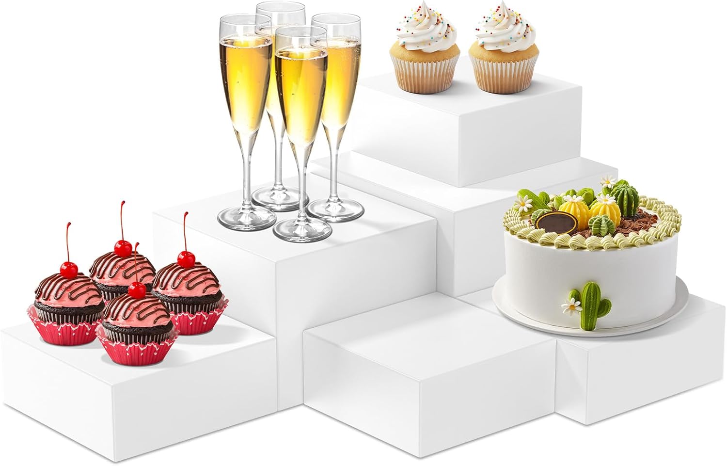 6PCS Buffet Risers, Food Risers for Buffet Table, Acrylic White Buffet Risers and Stands for Food Display, Party Catering Dessert Collectibles, Cube Boxes Display(Size 6.9", 7.7", 8", 9")