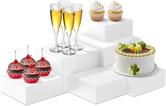 6PCS Buffet Risers, Food Risers for Buffet Table, Acrylic White Buffet Risers and Stands for Food Display, Party Catering Dessert Collectibles, Cube Boxes DisplaySize 6.9", 7.7", 8", 9"