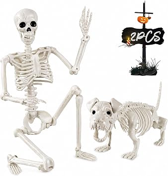 YUJUN 36 Halloween Skeleton Decoration with Dog Skeleton Outdoor Decor | 3ft Full Body Posable Skeleton Realistic Plastic Bones Movable Joints Halloween Party Yard Haunted House Props Indoor Decor