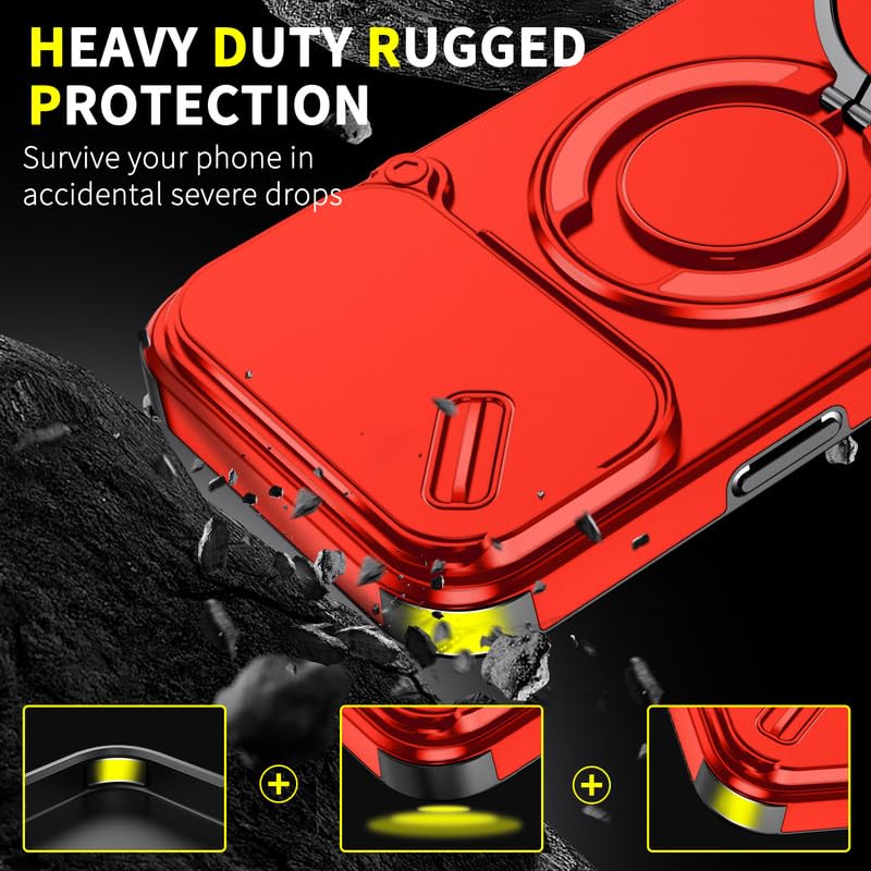 Image of LuxuryKase Shockproof Rugged Case for iPhone 17 Pro Max | Slide Camera Cover | 360 Rotating Ring Kickstand | Military-Grade Protection - Cherry Red
