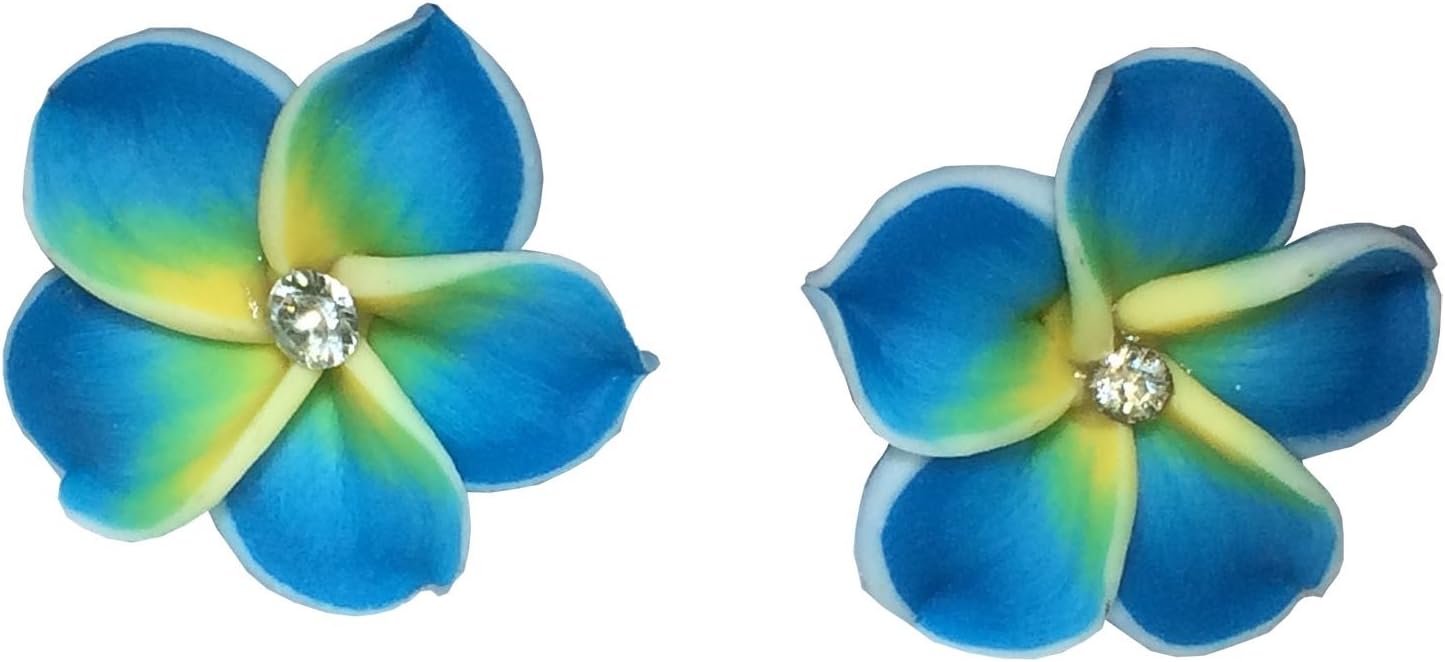 Soft Ceramic Clay Hawaiian Flower Post Earrings Blue, White and Yellow