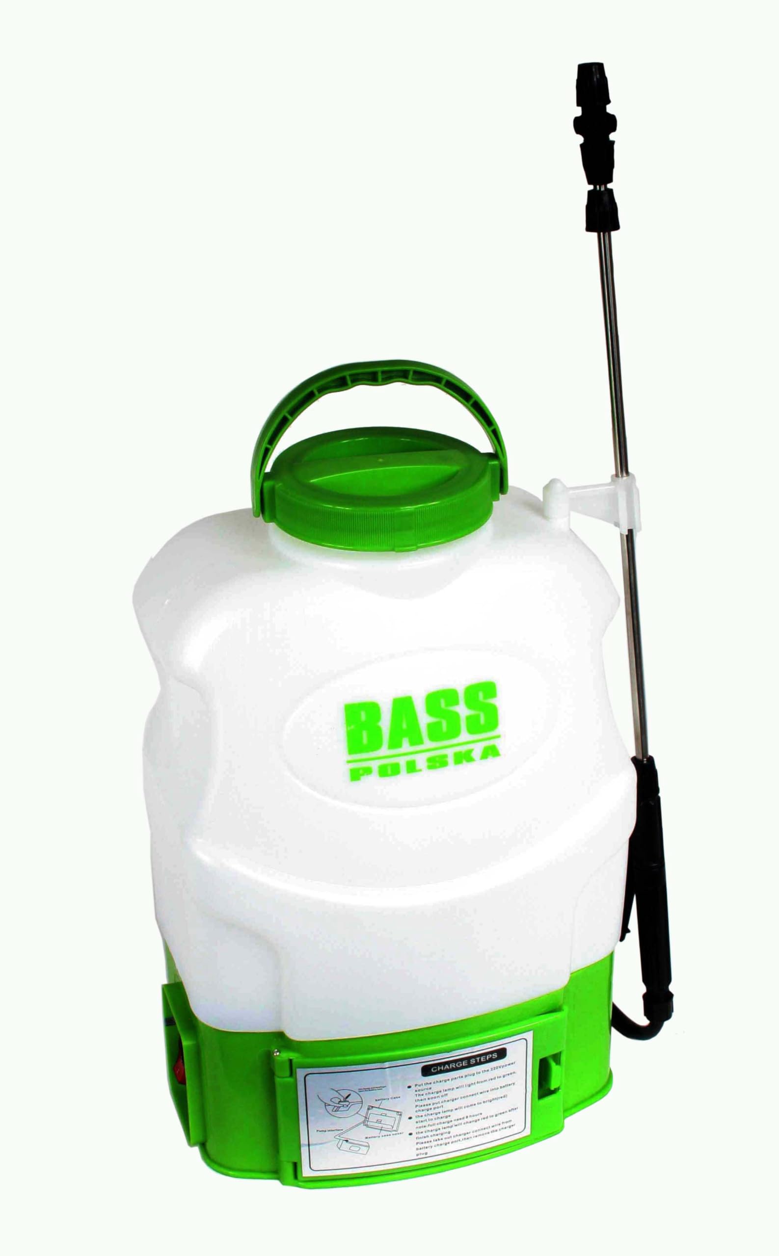 Bass Polska Spruzzatore posteriore a batteria, 16 l, elettrico da giardino con pompa a membrana da 12 V, lancia telescopica, ugello per erbicidi, caricabatterie, bianco-verde