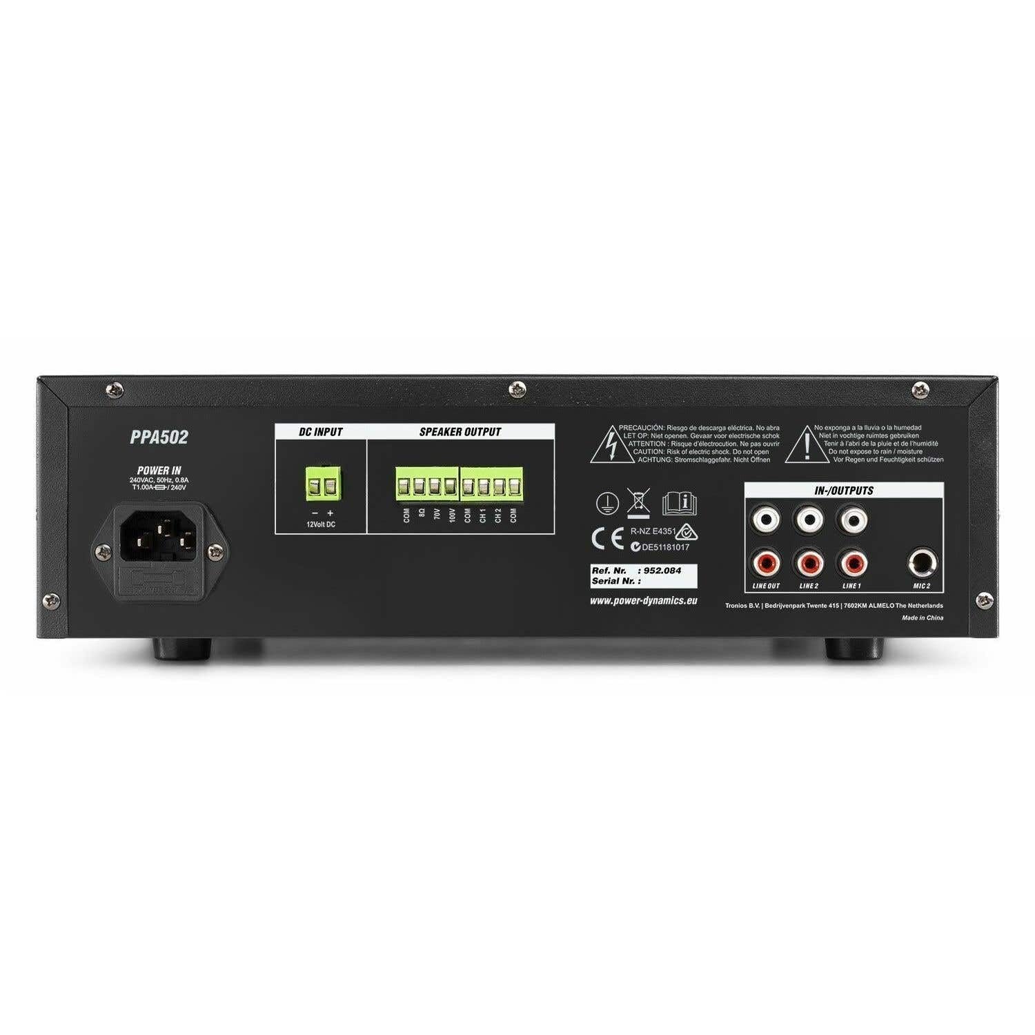 Power Dynamics PPA502 Amplificateur 2 Zones Bluetooth 100V 50W Lecteur MP3 USB Télécommande Entrée Ligne Prise 6,3mm
