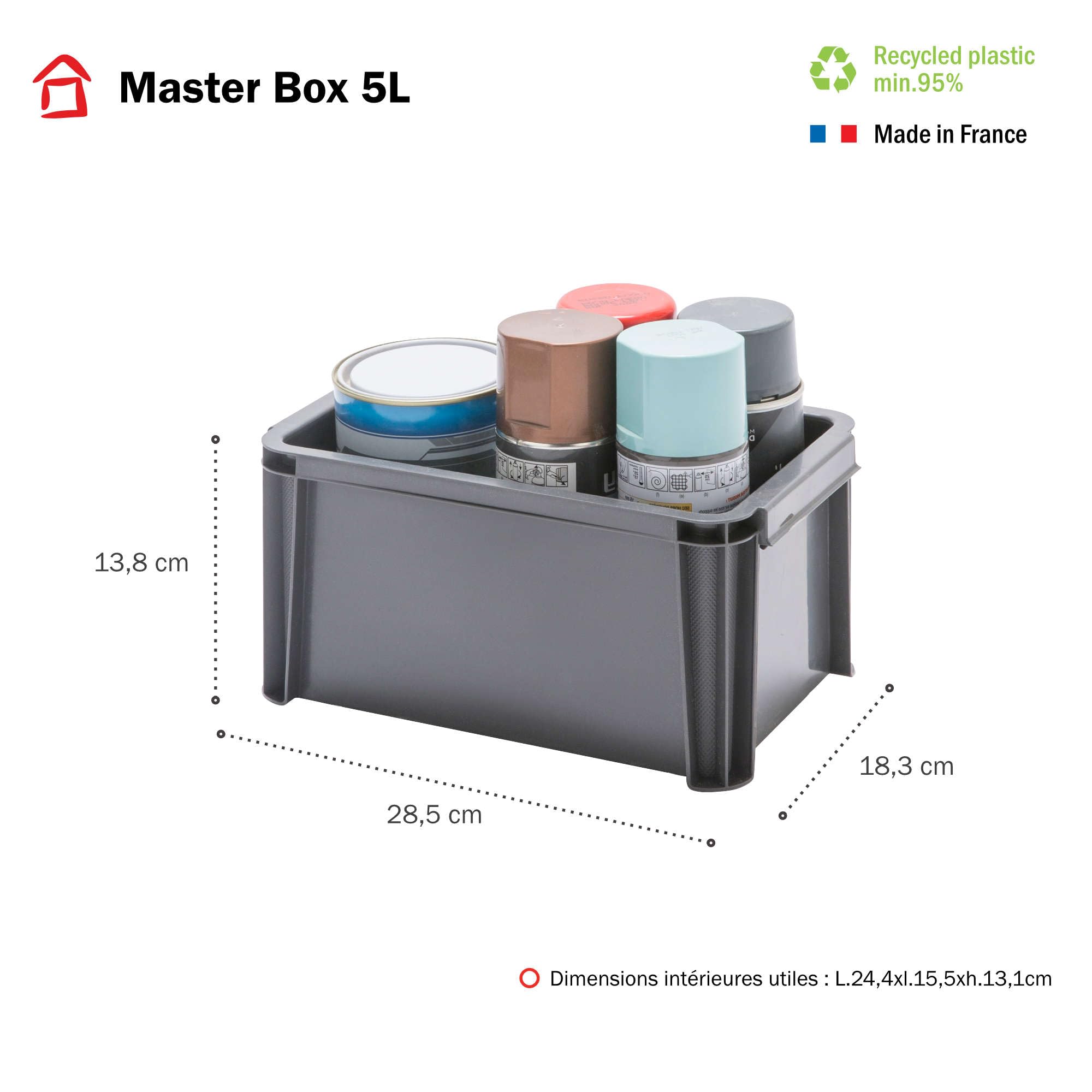 Sundis Master Box, scatola portaoggetti da 5L, in plastica riciclata, robusto e rinforzato, impilabili e combinabili, ideale per l'officina, il bricolage o il trasporto