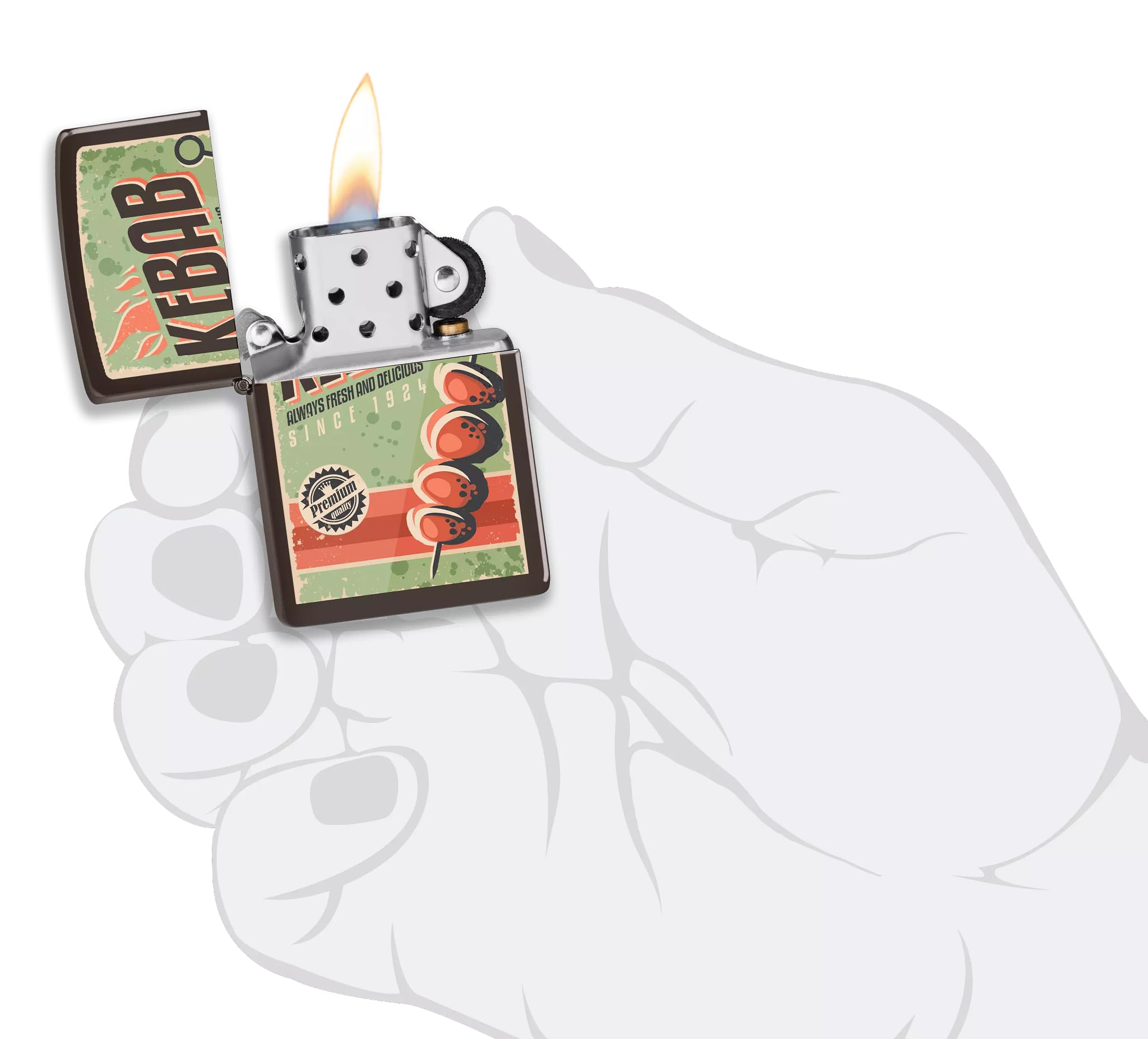Zippo Kebab Zapalniczka Sztormowa, Kolorowy Nadruk, do Napełniania, Wielokrotnego Użytku, Wiatroodporna Konstrukcja, Pudełko na Prezent, Wykonano w USA, Kolor Brązowy