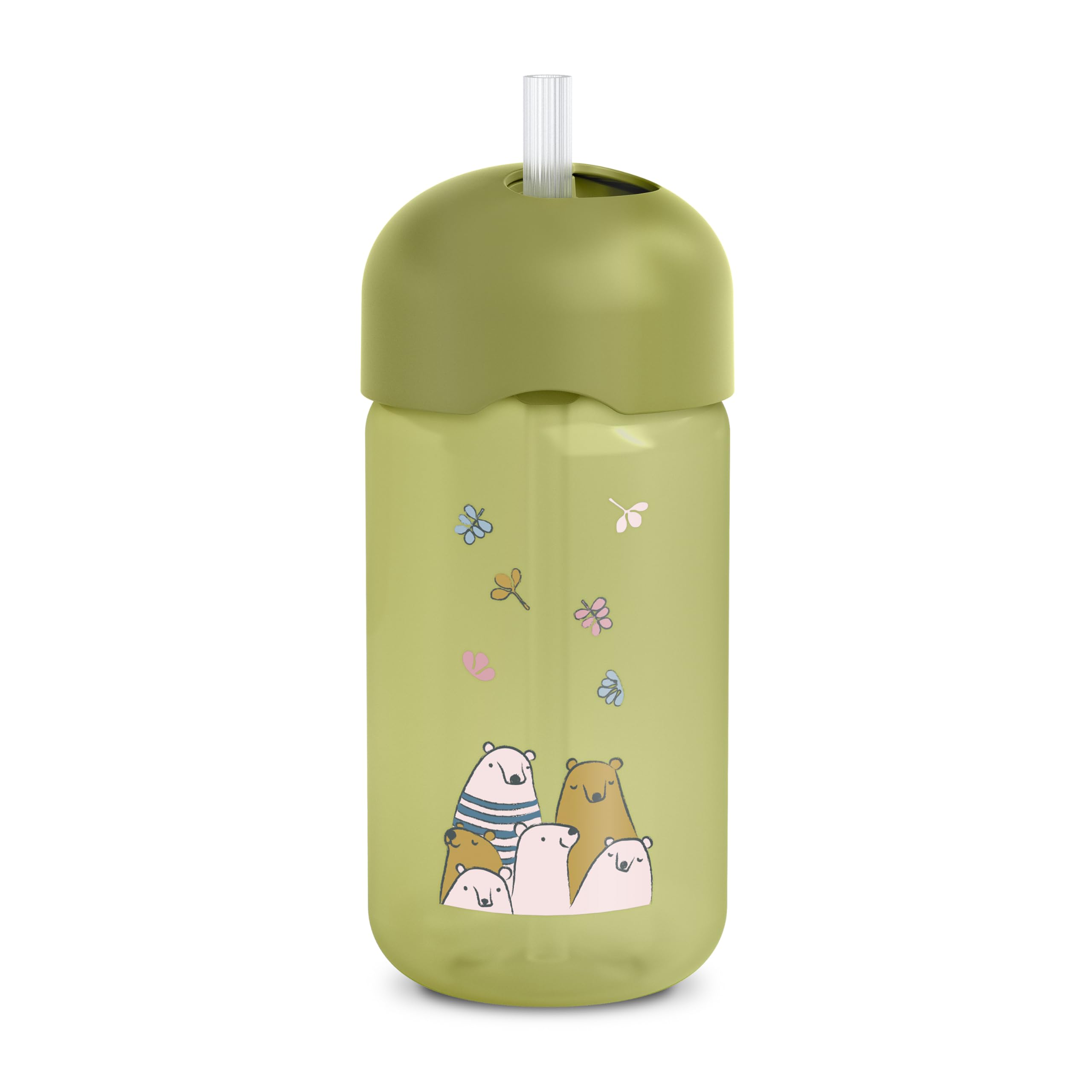 Suavinex, Tazza didattica per bambini con cannuccia in silicone morbida e flessibile, antigoccia e antimacchia, lavabile in lavastoviglie, con tappo, 340 ml, bimbi +18 mesi, My Family Verde
