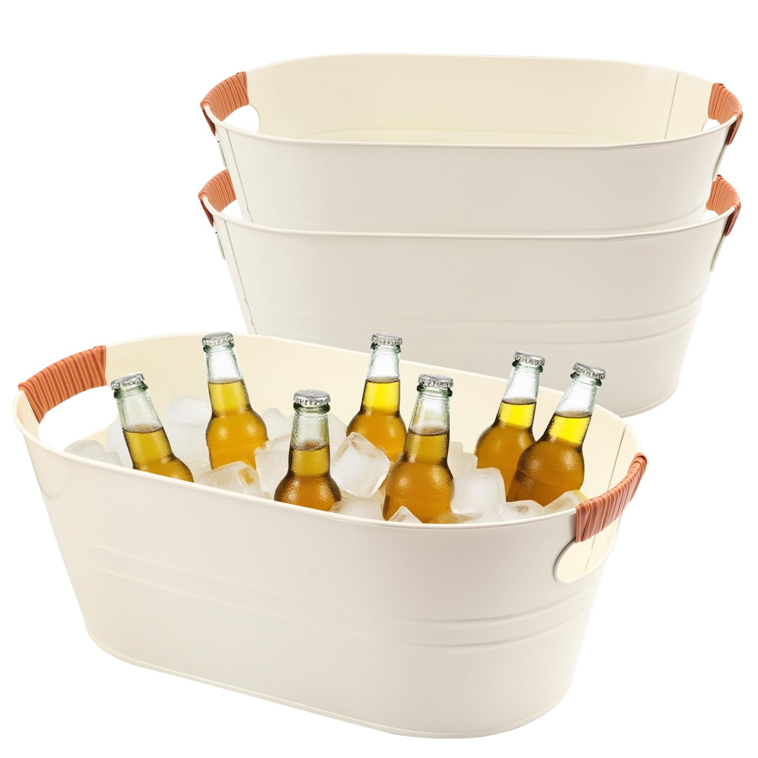 Biugaaufai 3 PCS 15.3 x 9 x 6 inches White Metal Galvanized Tub with Handles, 3 Gallon Galvanized Beverage Tubs for Parties, Large Metal Drink Ice