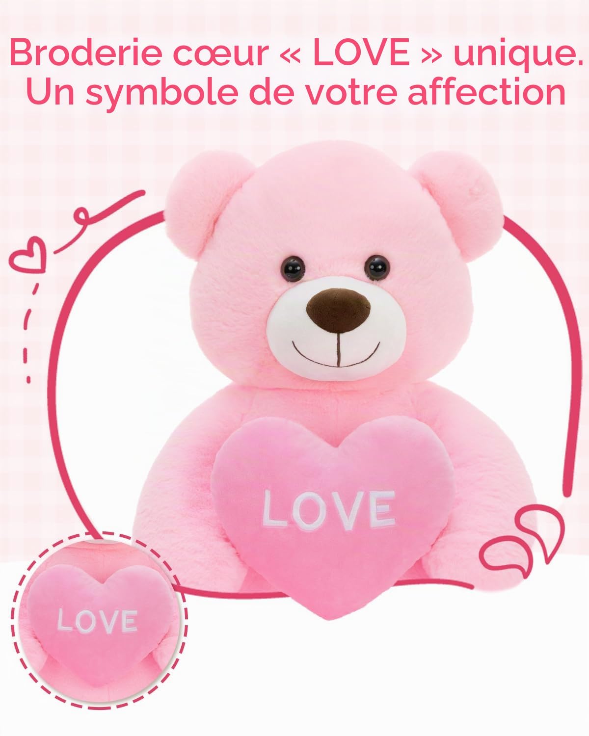 MorisMos 130cm Ours en Peluche Geant avec Cœure, XXL Rose Douce Nounours Géant Grosse Teddy Bear Jouet Mignonne Grand Cadeau pour Enfant Petite Amie Anniversaire Noël Décoration