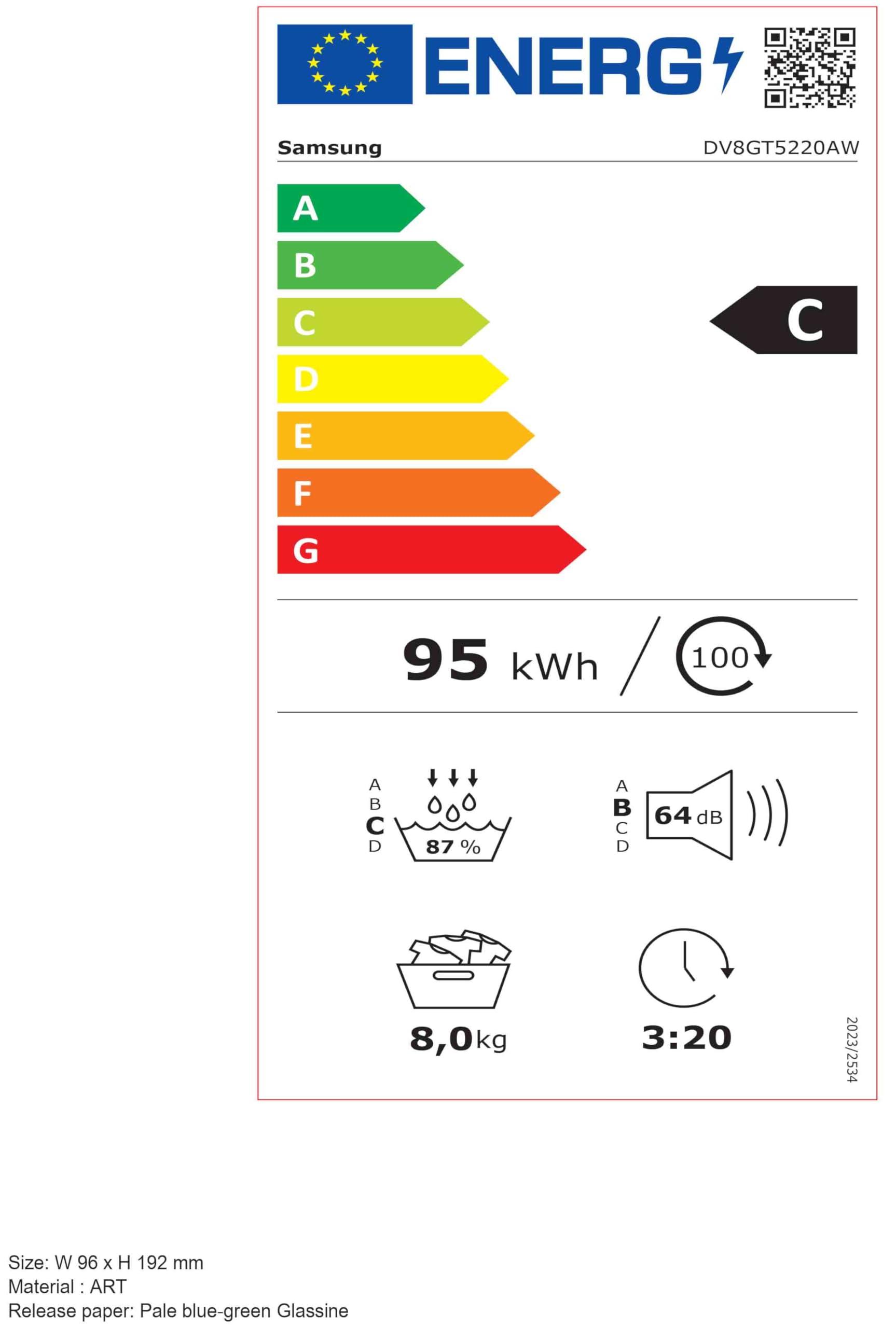 Samsung DV8GT5220AW/S2 Sèche-linge pompe à chaleur 8 kg Contrôle simple avec WiFi et Auto Cycle Link, Moteur Inverter numérique, Anti-plis et Confort 2 en 1 Filtre Blanc