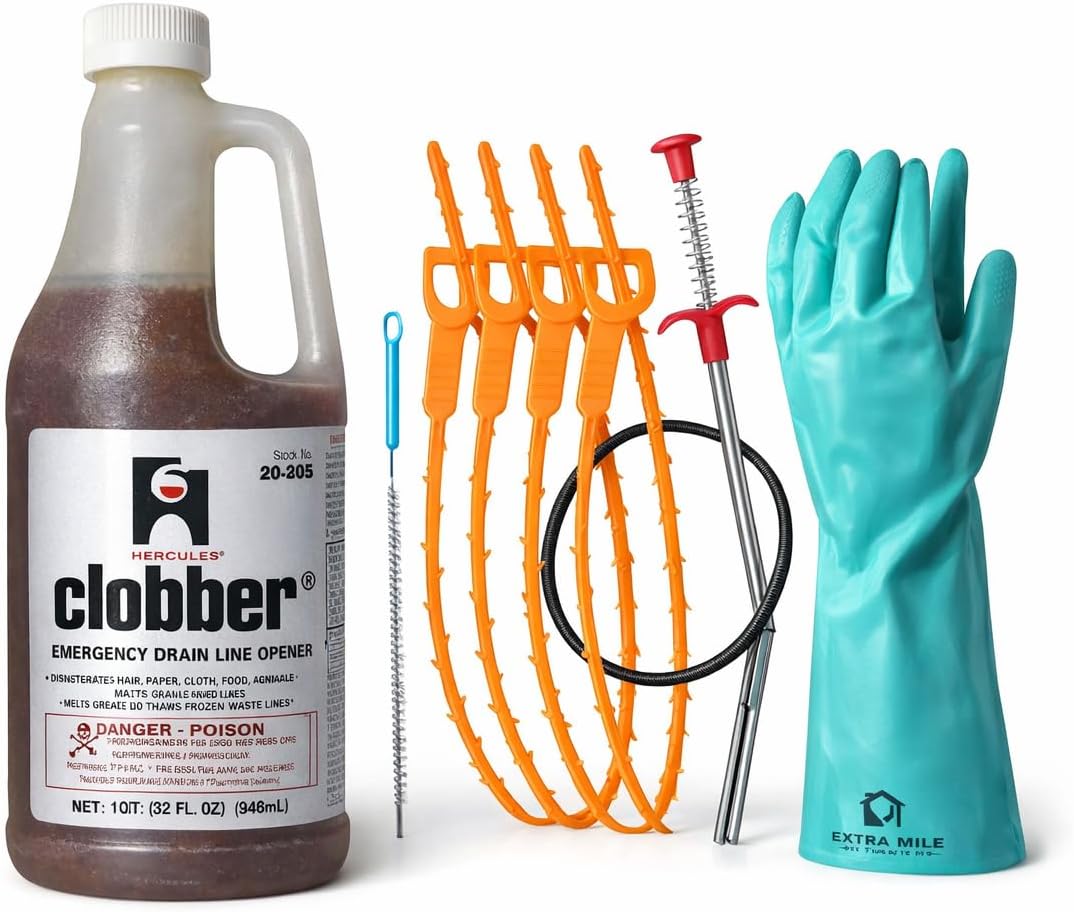 Clobber Complete Drain Cleaning Kit – Emergency Drain Line Opener with Mechanical Tools & Protective Gloves – Heavy-Duty Clog Removal for Hair, Grease & Buildup