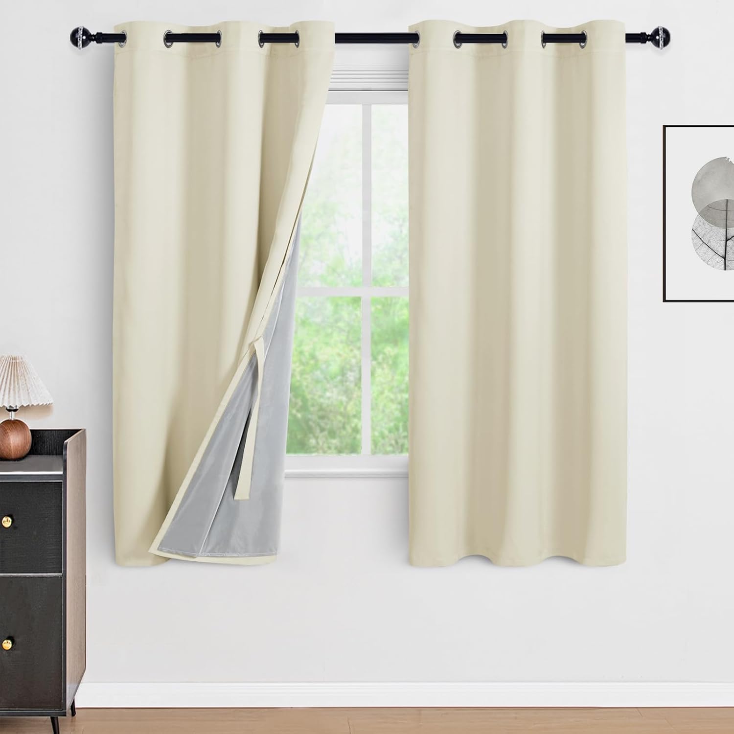 DWCN 100% Blackout Curtains with Tiebacks, Double Layer Thermal Insulated Room Darkening Noise Reducing Grommet Window Curtain Drapes with Black Liner for Kitchen Light Beige, 42 x 63 Inch, 2 Panels
