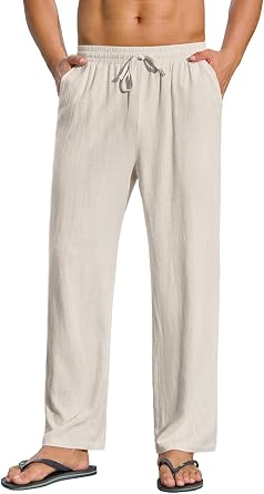 Mens Linen Pants Casual Summer Beach Trousers