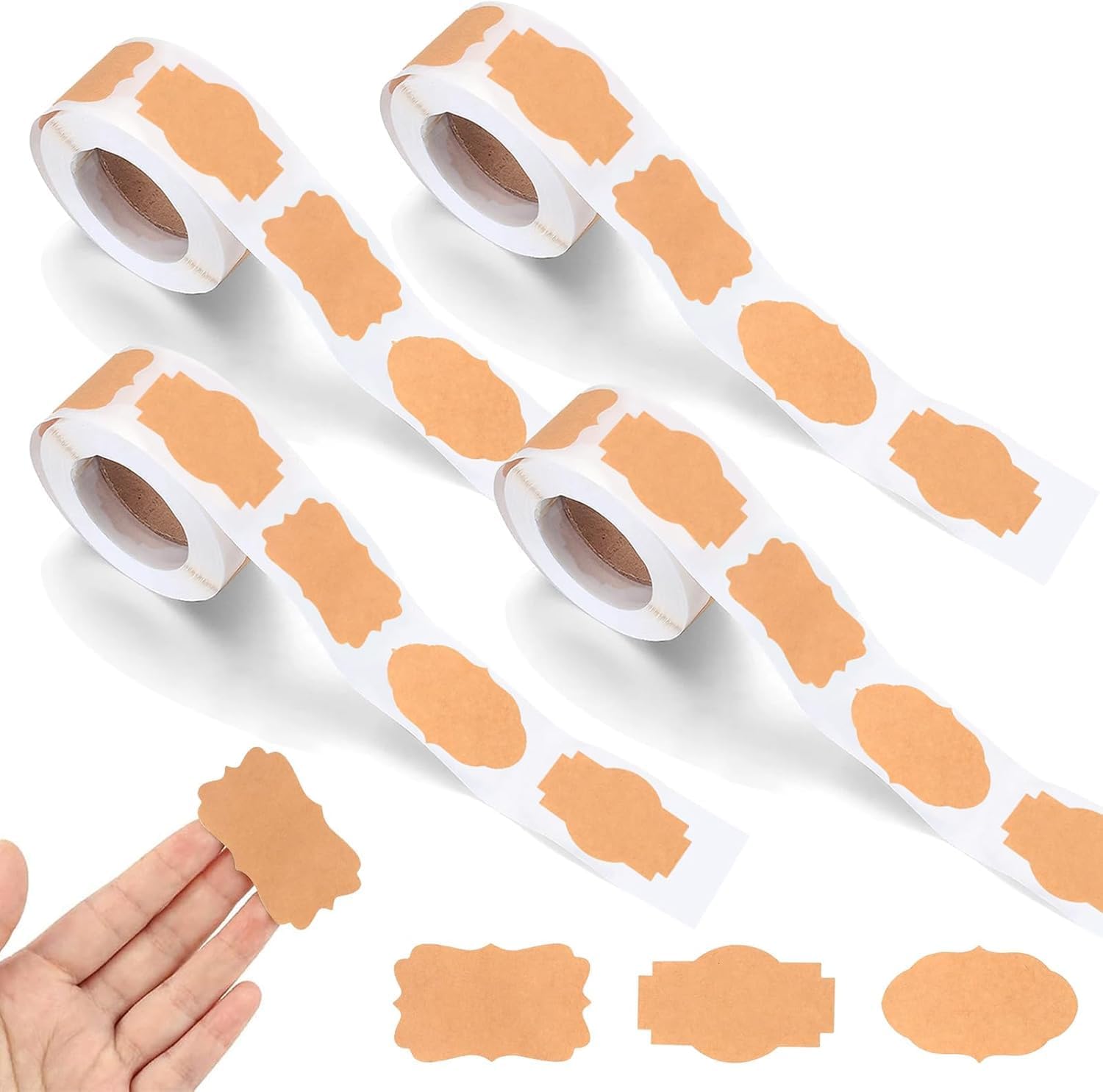 Dexpally 1200 Pcs Kraft Paper Label Stickers Brown Sticky Labels Self-Adhesive Blank Spice Jam Jar Labels for Gifts, Food Storage, Bottles, Handcrafts, DIY Project (3x5cm, 4 Rolls, 3 Shapes)