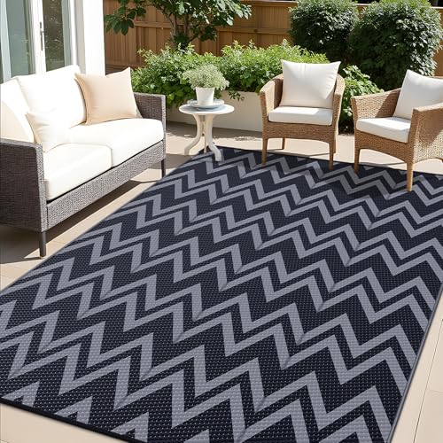 OLANLY Outdoor Rug 8x10 ft Waterproof Reversible Chevron Mat, Black & Grey