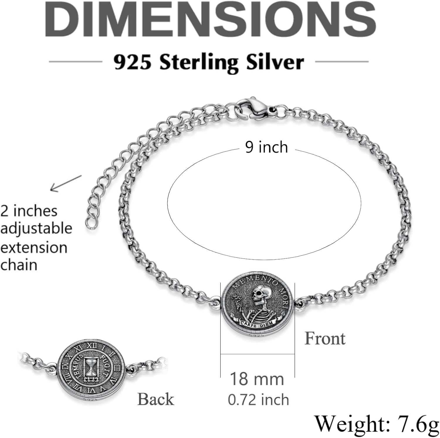 PELOVNY Memento Mori Bracelet 925 Sterling Silver Skull Bracelet Carpe Diem Anklet Stoic Skull Jewelry Stoicism Gifts for Men Women Unisex