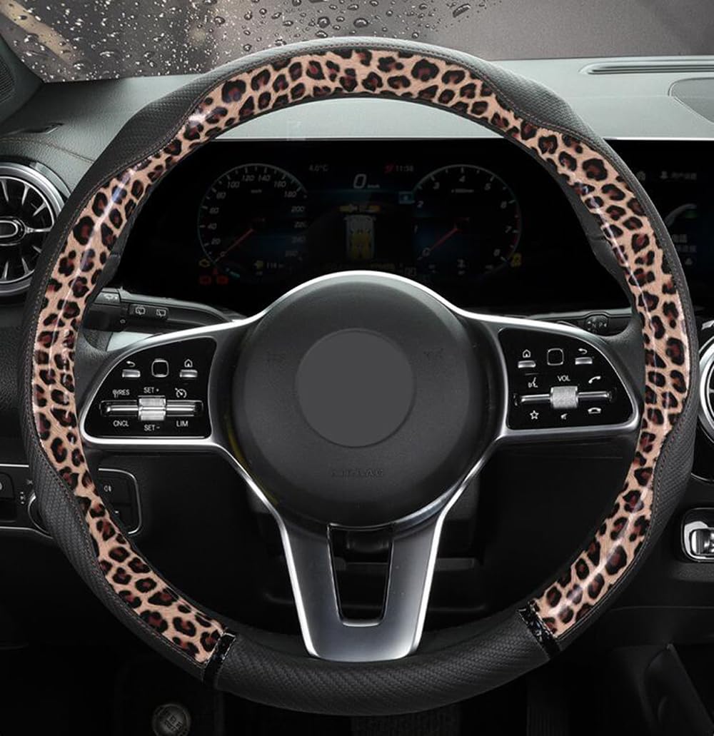 Funda para Volante de Cuero Duradero Antideslizante Transpirable para Las Cuatro Estaciones Universal de 15 Pulgadas (Leopardo-café)