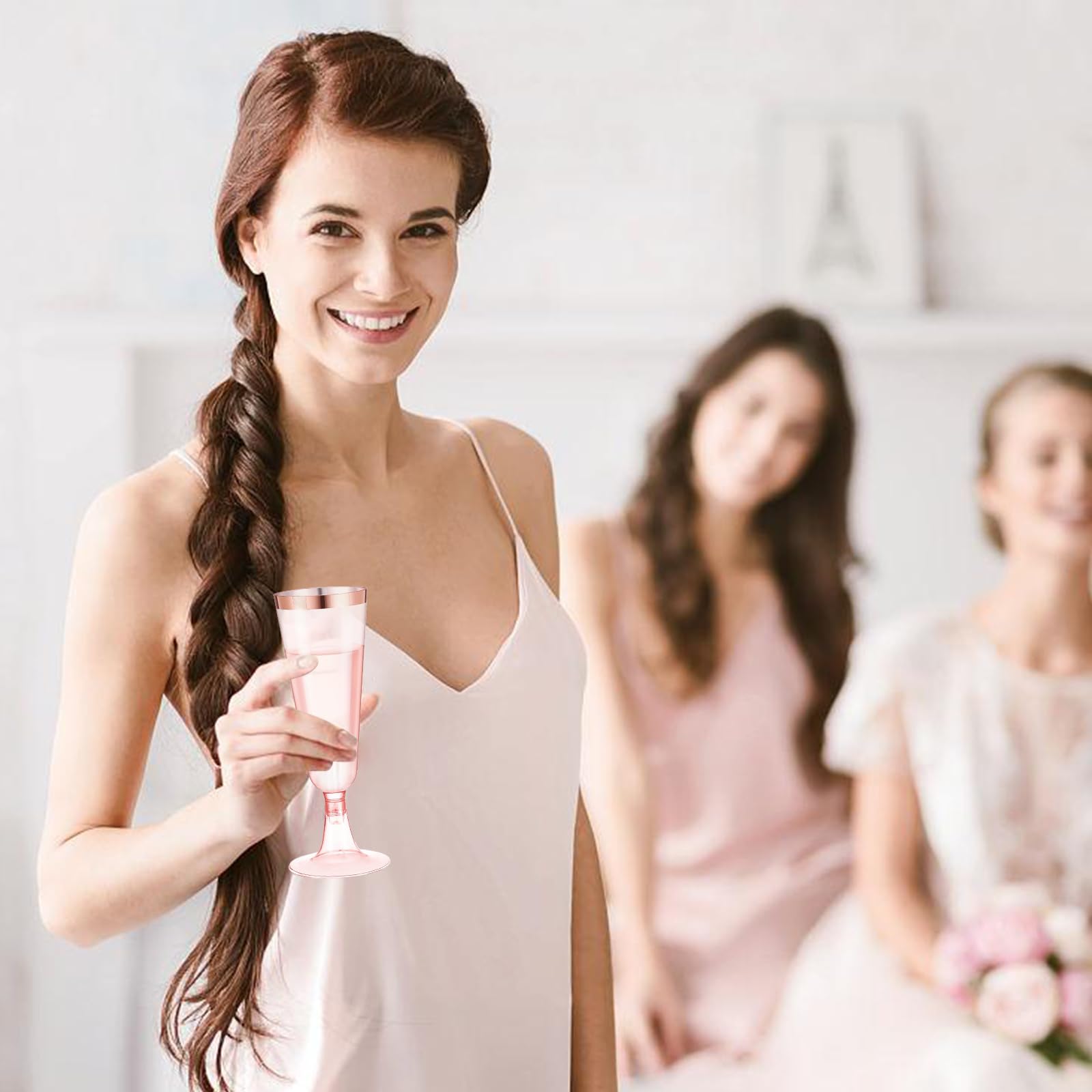 20 bicchieri da champagne in plastica, 150 ml, con bordo in oro rosa e brillantini, riutilizzabili, per compleanni, matrimoni, feste, picnic, attività all'aperto (oro rosa)