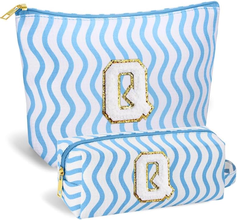 Personalized Makeup Bag - Initial Makeup Bag Cosmetic Bag Cute Makeup Pouch Birthday Gifts for Women Teen Girl Gifts, Blue, Q
