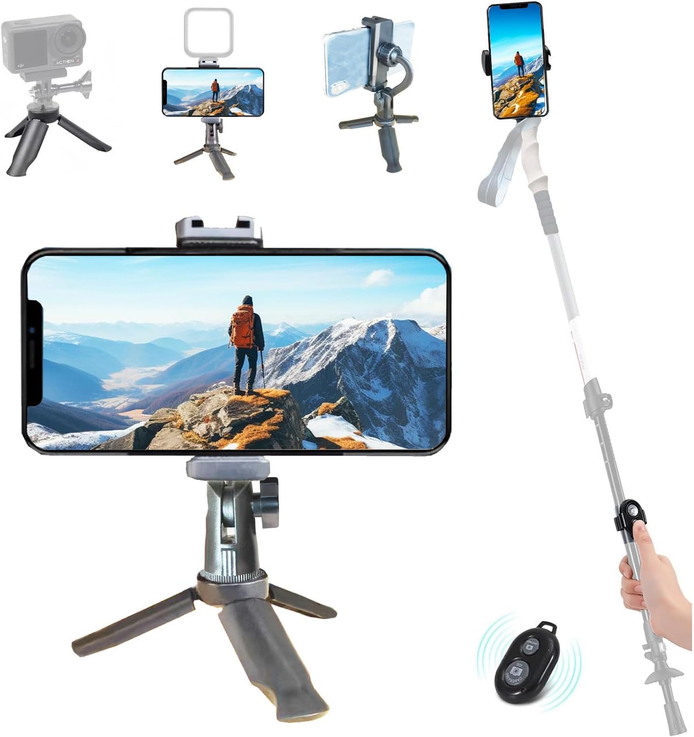 QIYUANCHUANG Phone Stand Tripod, 3-in-1 Adjustable Holder with Wireless Remote for iPhone Samsung, Selfie Stick & Trekking Pole Mount, for Desk Vlog Hiking (Trekking Pole Not Included,Mini)