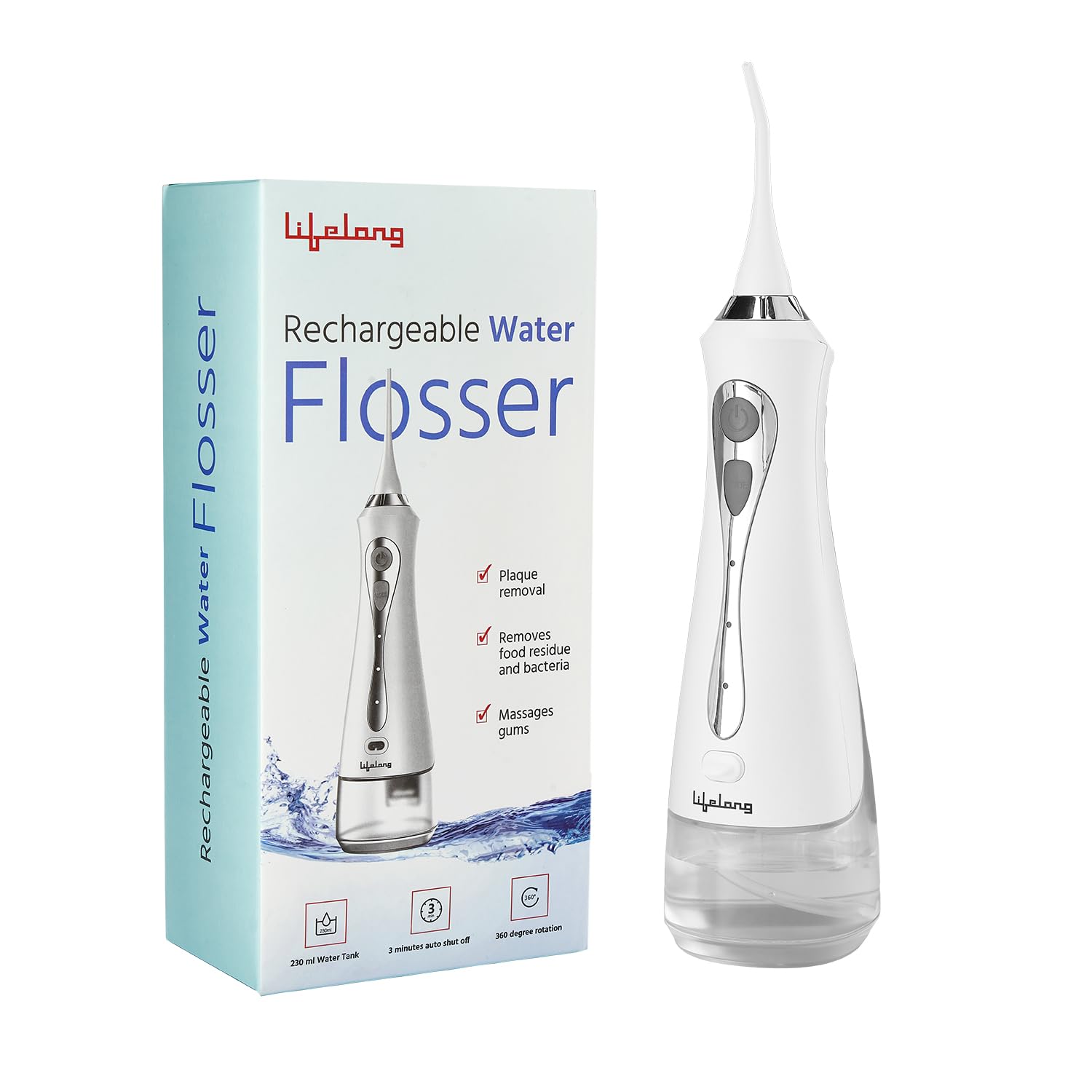 Lifelong LLDC36 Rechargeable Water Teeth Flosser Cordless | 230 ml Large Detachable Water Tank | 3 Modes | IPX7 Waterproof| Massage Gums and Remove Plaque (1 Year Warranty, White)