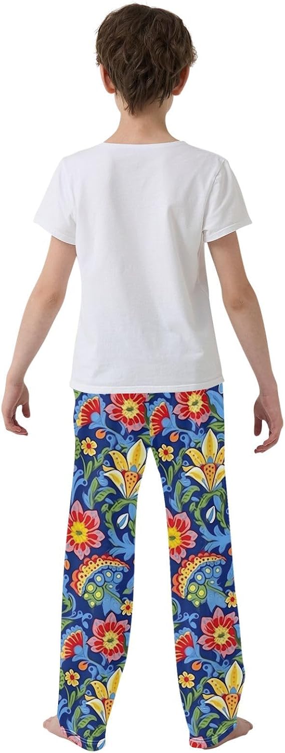 Blue Boho Florals Soft Pajama Lounge Pants with Pockets Elastic Waist Long Sleepwear Pajama Bottoms for Christmas