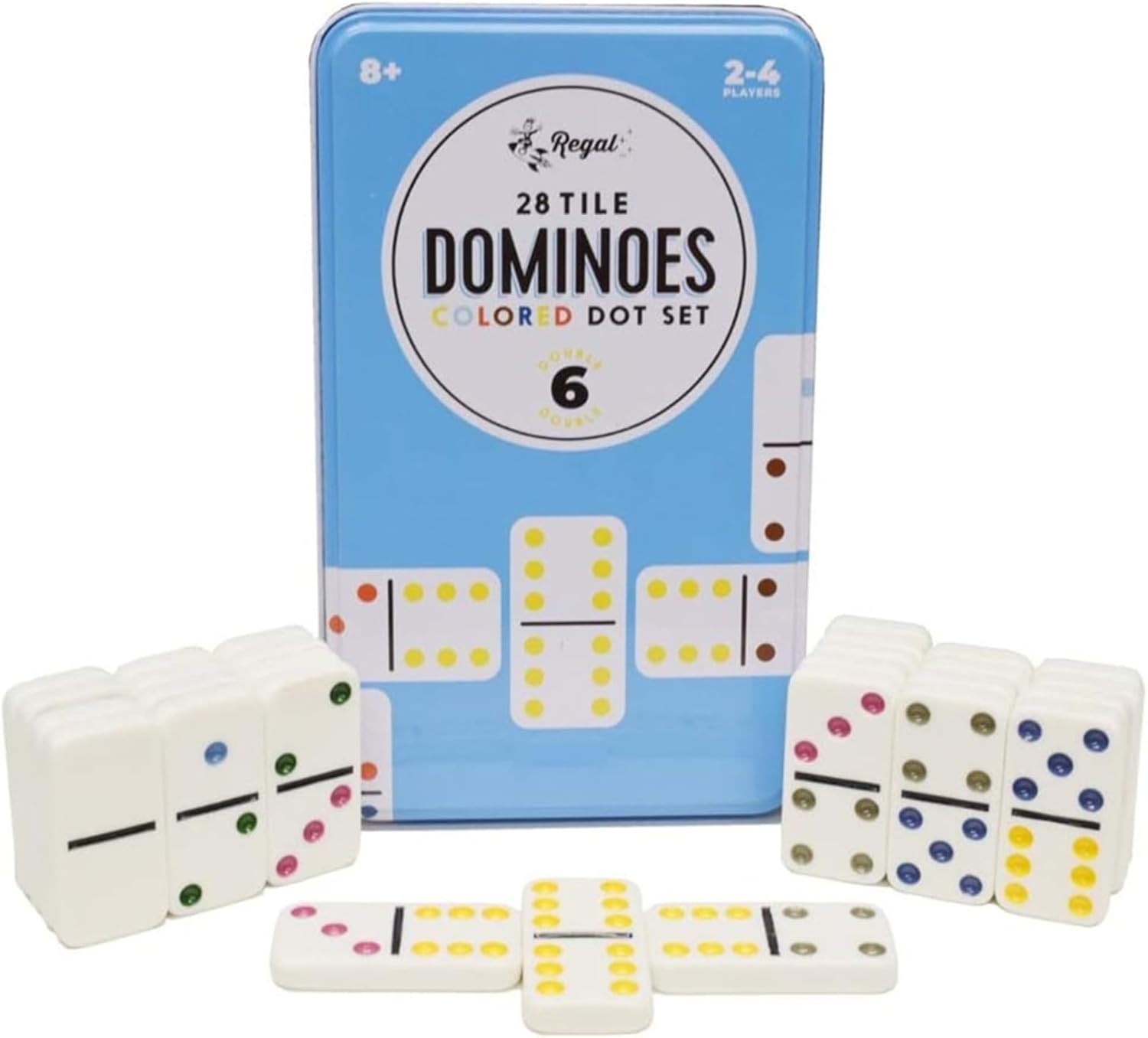 Regal Games Mexican Train Double 15 Dominoes Set for Adults & Kids - Domino Game with 136 Tiles Colored Dots & 8 Metal Trains - 2-8 Player Games & Ideal for Family Fun Game Night and Travel (Ages 8+)