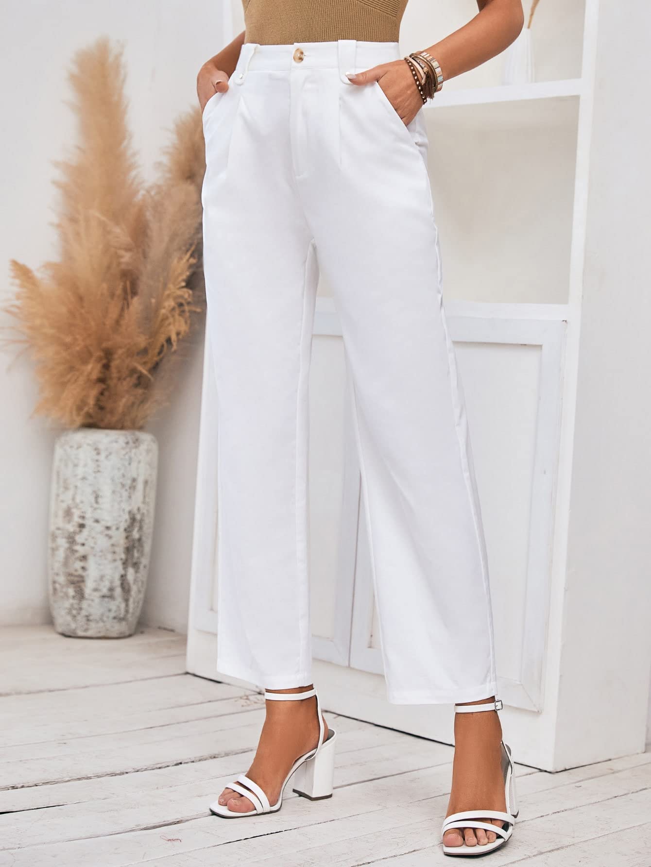 ANACRO Pants for Women - High Waist Slant Pocket Pants Without Belt Color White Size Small