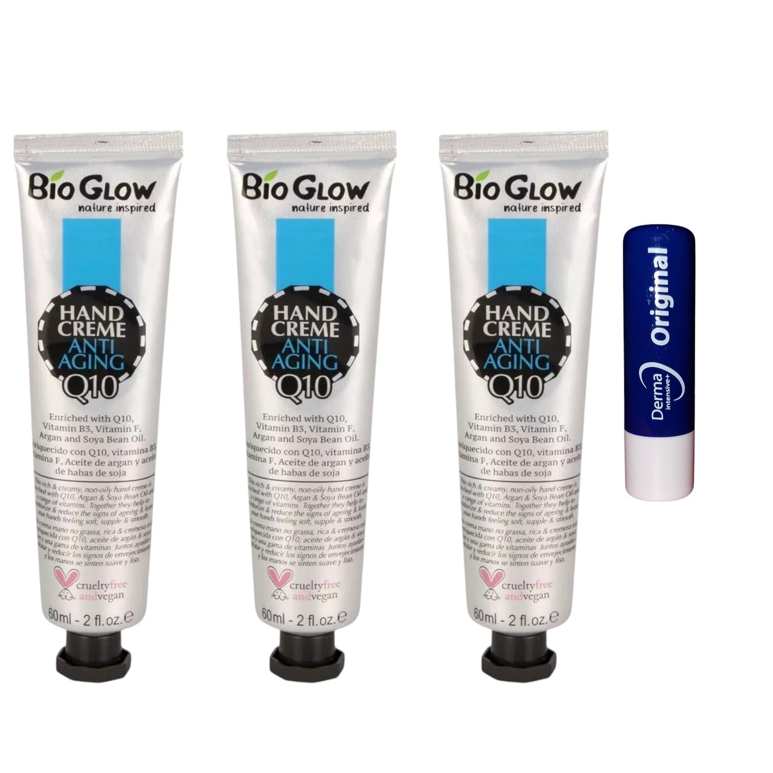 Nature Inspired Bio glow Anti ageing Q10 Hand Cream,Cruelty Free & vegan Travel Size 3 Tubes 60 ML With Free Orignial Lip Balm