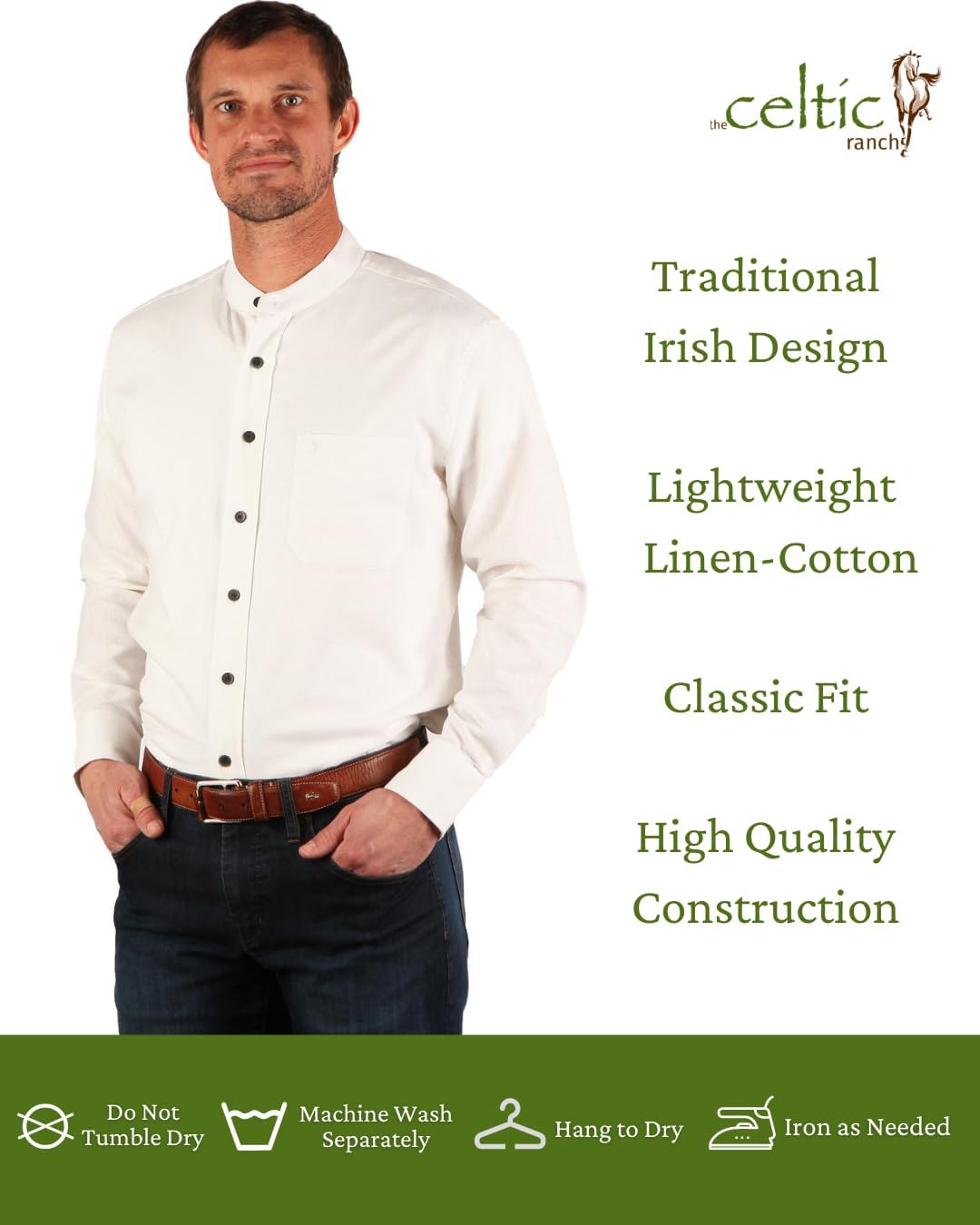 The Celtic Ranch Traditional Irish Grandfather Collarless Shirt, Men’s Linen Cotton Lightweight Long-Sleeve Dress Shirt