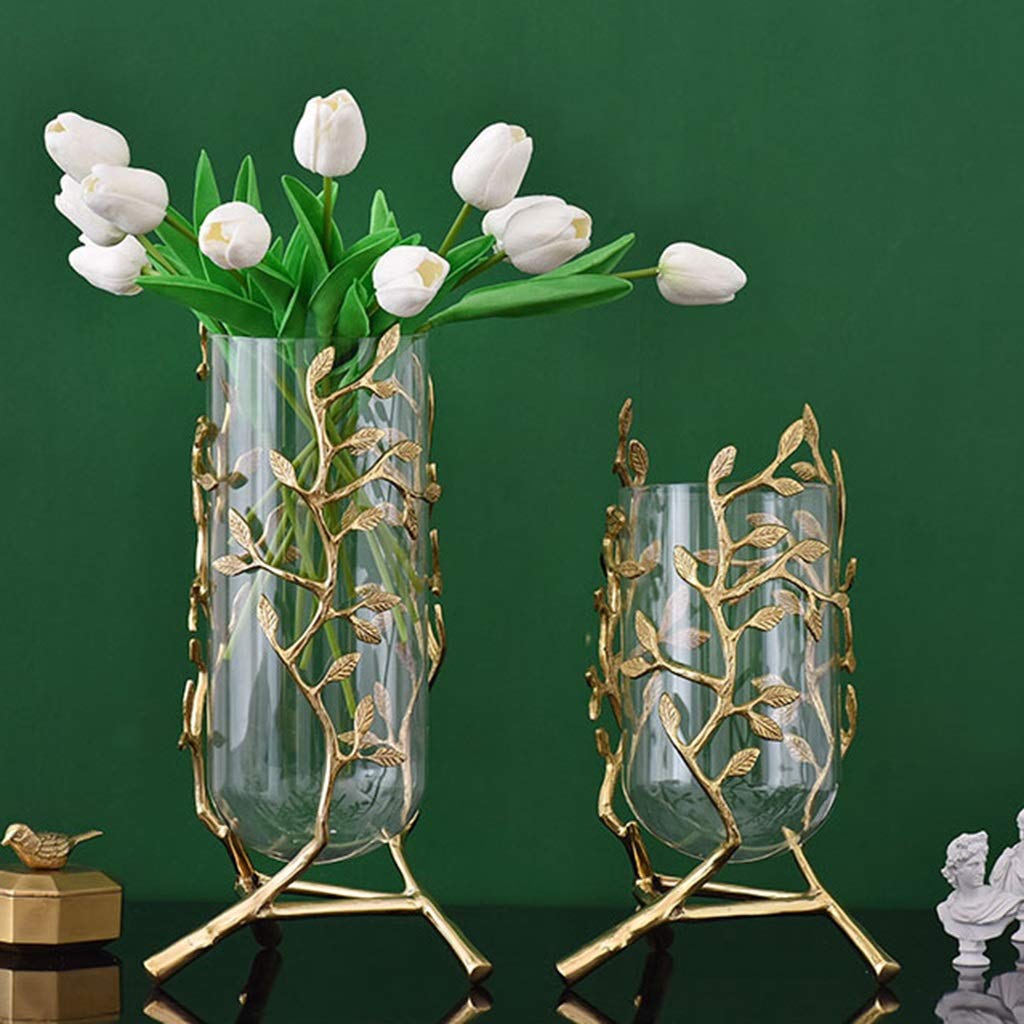 Jarron Decorativo Jarron Cristal,Florero De Vidrio Moderno De Lujo Ligero, Decoración De Florero Transparente para Accesorios para El Hogar, Florero De Cobre Puro Hecho A Mano