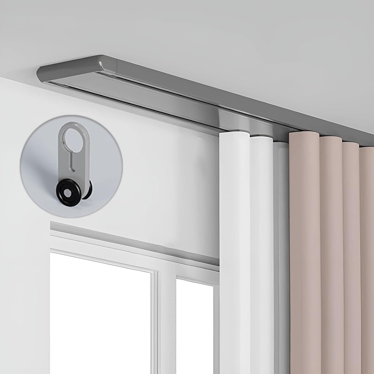 Riel de cortina de aluminio gris de 4,5 m con rieles dobles silenciosos