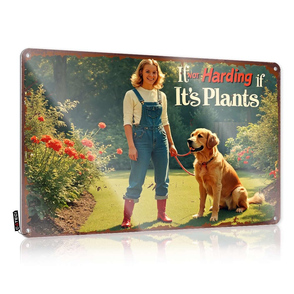 Sujd Colour Woman In Overalls With Dog In Garden. Framed Street Hanging | Small Cool Wall Art Affirmation Vintage Metal Wall Decor(30X40cm)