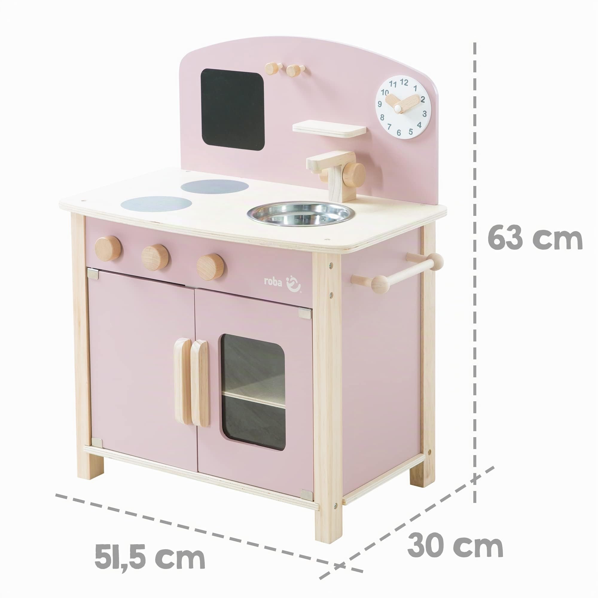 roba Cuisine Enfant en Bois - avec Plaque de Cuisson + Évier et Accessoires en Métal et Bois - à Partir de 3 Ans - Rose