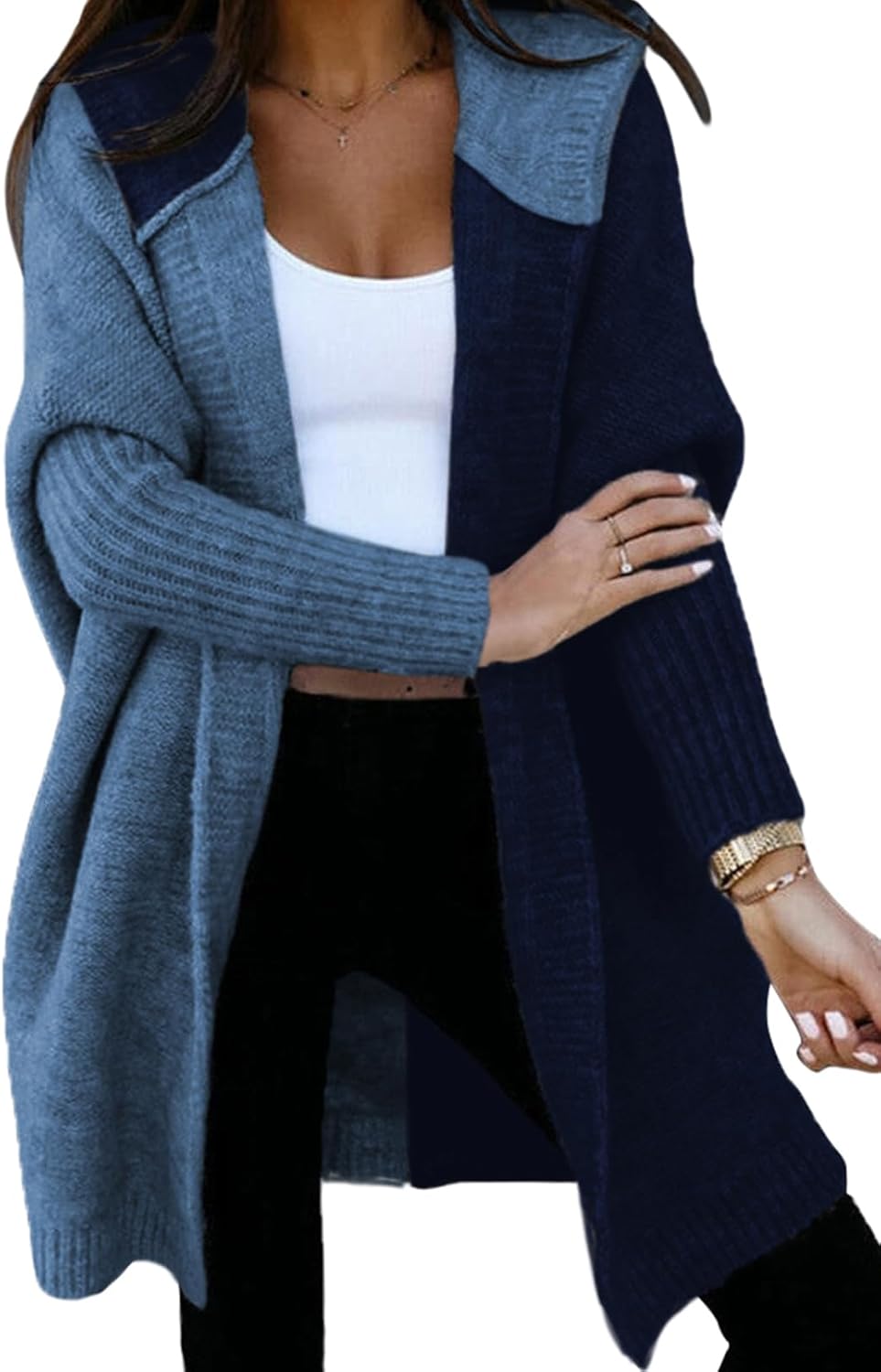 Astylish Women 2026 Fall Outfits Open Front Long Sleeve Hooded Knit Cardigan Sweaters Color Block Outwear Coats