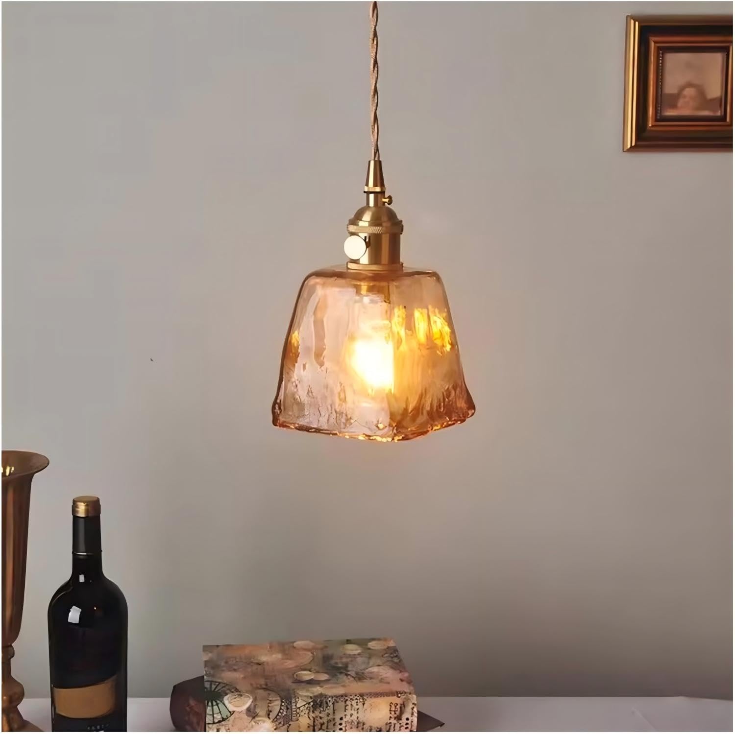 KXEcoLife Nordic Minimalist Glass Pendant Light - Copper Brass E27 Hanging Lamp for Dining Room & Restaurant, Creative Chaner Lighting Fixture (14x18cm)