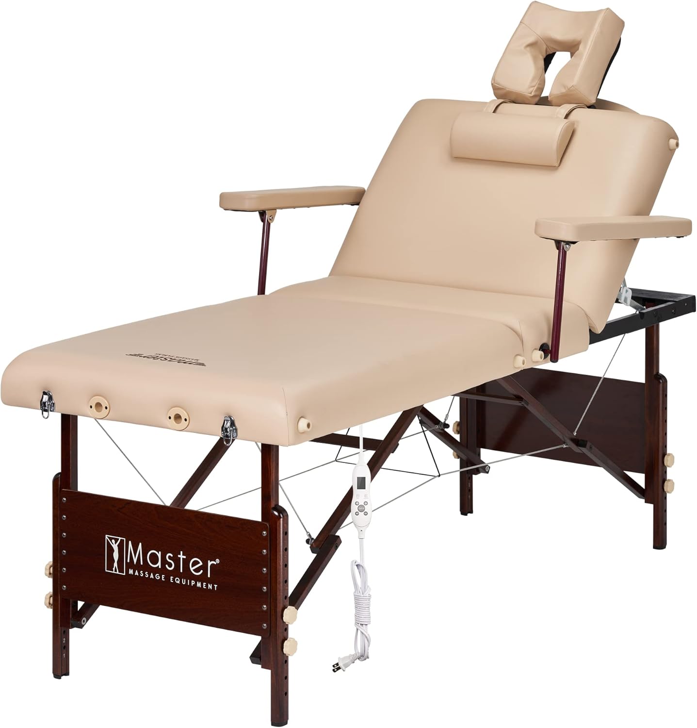 Master Massage Del Ray 30" Heated Portable Massage Table with Therma-Top - Beige Lash & Facial Bed for Salon, Spa, or Tattoo Use - Wooden Frame, 3-Section Adjustable Backrest, Memory Foam Cushion