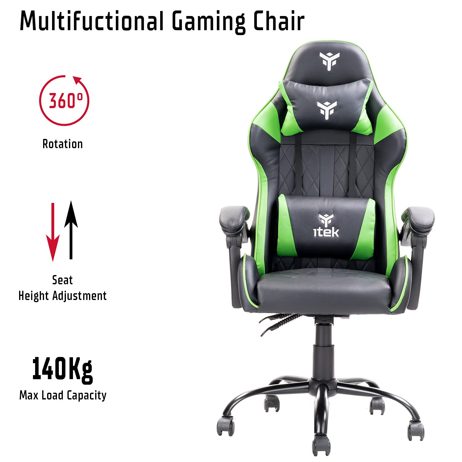 ITEK RHOMBUS PF10 Sedia Gaming ergon. Verde, schienale reclinabile, cuscino poggiatesta, sup. lombare, confort e design, ideale come sedia ufficio, sedia per studio o poltrona per gamer