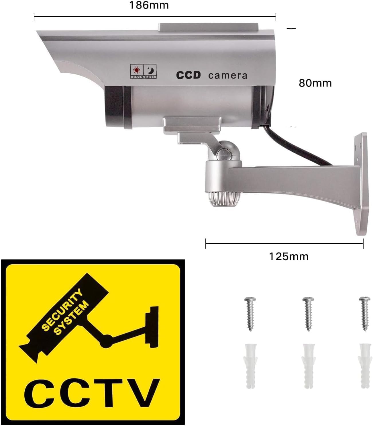 ERWEY 4 Pezzi Telecamera Finta di Sicurezza Solare, Telecamera di Sorveglianza CCTV Simulata per Uso Interno o Esterno con Luce LED Lampeggiante (Argento)